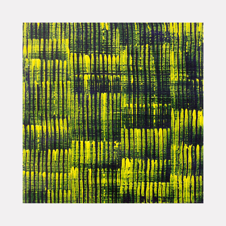 The artwork 'Deep Purple and Yellow' by Aaron Hillebrand features vertical striped patterns created in acrylic paint, alternating between deep purple and vibrant yellow hues. The 11x11 inch canvas displays a rhythmic, linear composition with varying stripe thicknesses, creating a dynamic abstract pattern reminiscent of bamboo or digital glitch art.