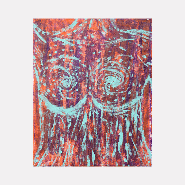 The artwork 'Dual Galaxy' by Aaron Hillebrand features two spiral formations in turquoise blue against a vibrant coral red background. Abstract brushstrokes create dynamic swirling patterns, resembling cosmic vortexes or celestial bodies. The textured acrylic paint application on canvas produces an ethereal, otherworldly effect, with dripping vertical lines suggesting movement and cosmic energy. By Aaron Hillebrand.