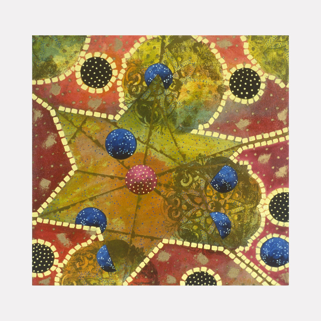 The artwork 'Faith in the Afternoon' by Amy Cheng features an abstract mosaic-like pattern with dotted pathways in cream white connecting circular elements. Rich burgundy backgrounds contrast with golden yellow organic shapes, adorned with blue and black dotted spheres. The composition combines silkscreened decorative motifs with oil painting techniques, creating a harmonious blend of Eastern and Western artistic influences.