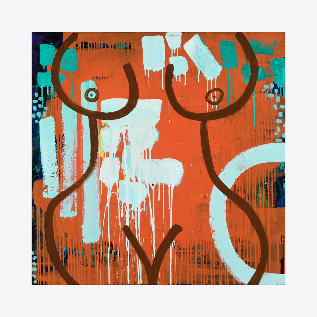 The artwork 'Fired Up (Spicy AF) No.1' by Taylor Binda features abstract curves and lines in burnt orange and turquoise. Bold dripping paint effects create dynamic movement across the 36x36 inch canvas. The contemporary piece showcases organic shapes with contrasting circular elements and dramatic paint runs on upcycled canvas. Acrylic painting by Taylor Binda.