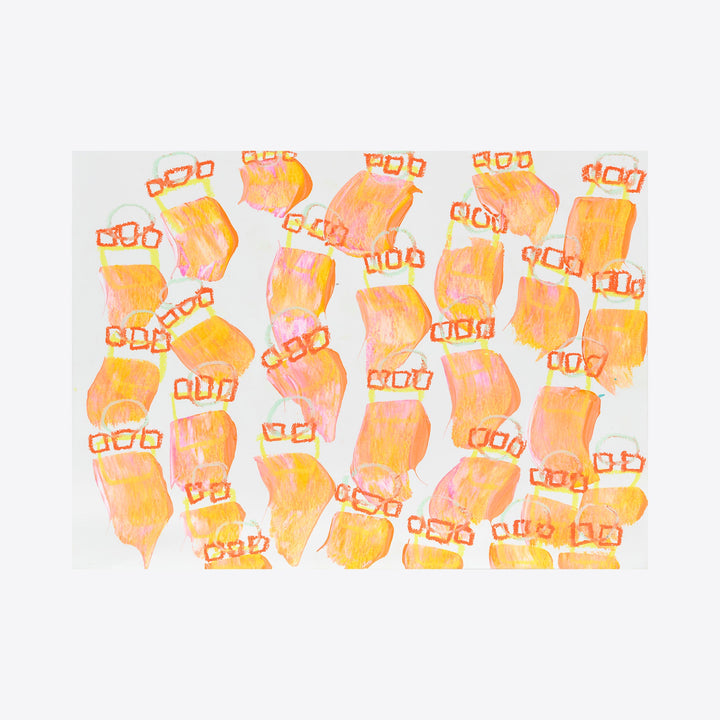 The artwork 'Floaty Flora, No.1' by Taylor Binda features repeating organic shapes in warm peach and orange watercolor tones, adorned with small geometric square patterns in coral. The abstract composition creates a rhythmic pattern across white watercolor paper, painted with acrylic medium, measuring 11 by 15 inches.