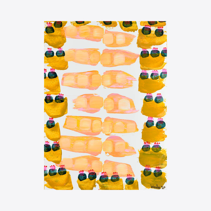 The artwork 'flora avec boundaries no.1' by Taylor Binda features a rhythmic pattern of abstract shapes in warm yellow ochre and soft peach tones. Delicate watercolor and acrylic strokes create a repeating motif of rounded forms, accented with small dark circular elements arranged in pairs. The composition displays a balanced arrangement on white paper, measuring 15 x 11 inches.