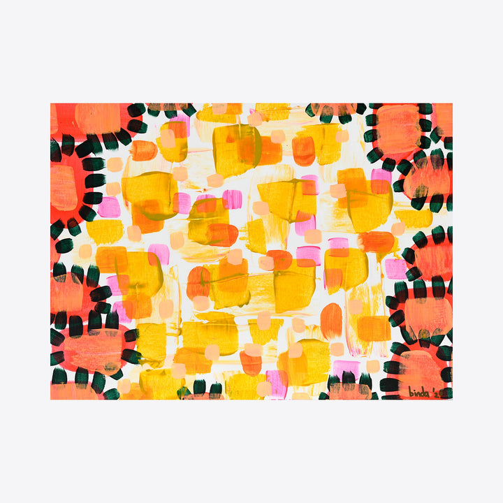 The artwork 'flora avec boundaries no.2' by Taylor Binda features vibrant abstract patterns with golden yellow and coral orange squares surrounded by black dotted borders. The acrylic painting on watercolor paper showcases loose brushstrokes with subtle pink accents, creating a dynamic floral-inspired composition with a modern, playful aesthetic.