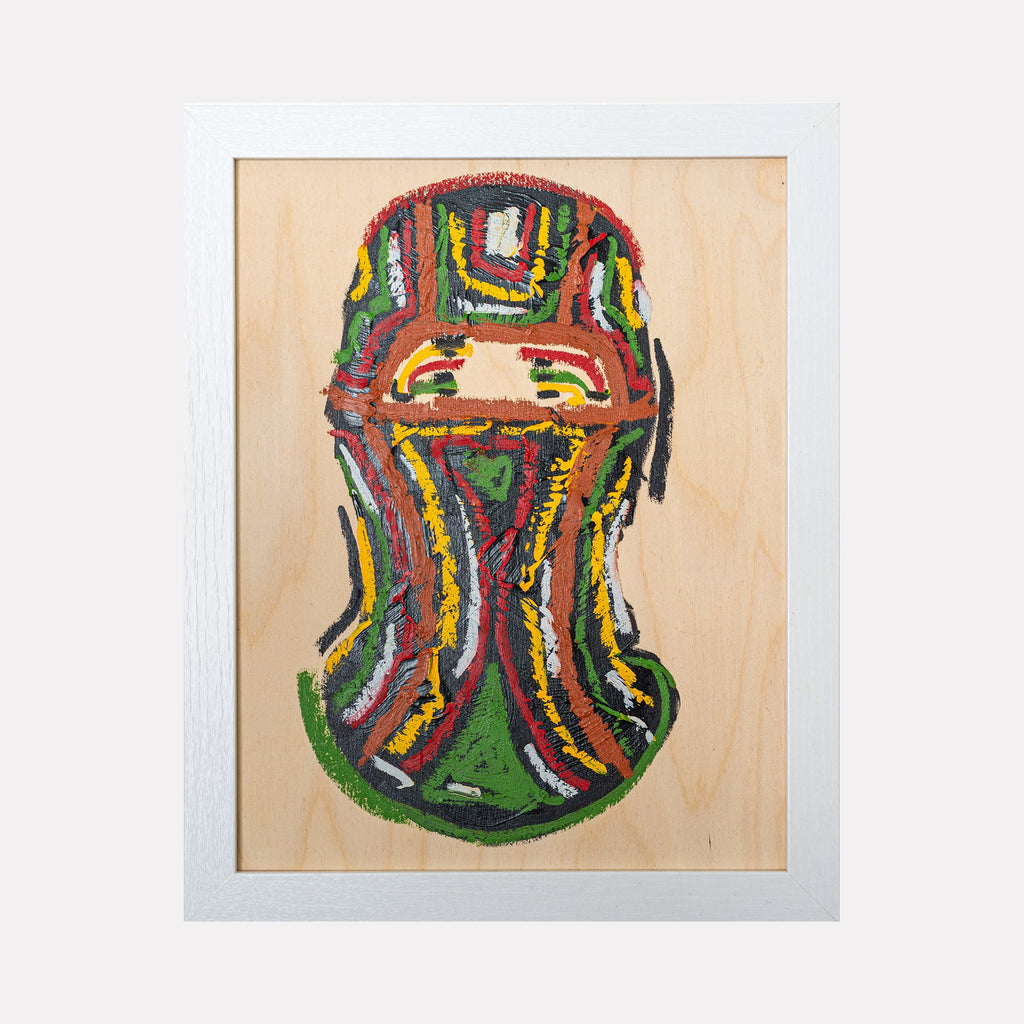 The artwork 'Freedom Sheisty' by Cole Douglas features a vibrant ski mask rendered in expressive brushstrokes of red, yellow, green, and brown against a natural wood background. The abstract style combines acrylic and oil paint to create dynamic vertical striping patterns, with bold contours defining the mask's eye openings and facial structure. Artwork by Cole Douglas.