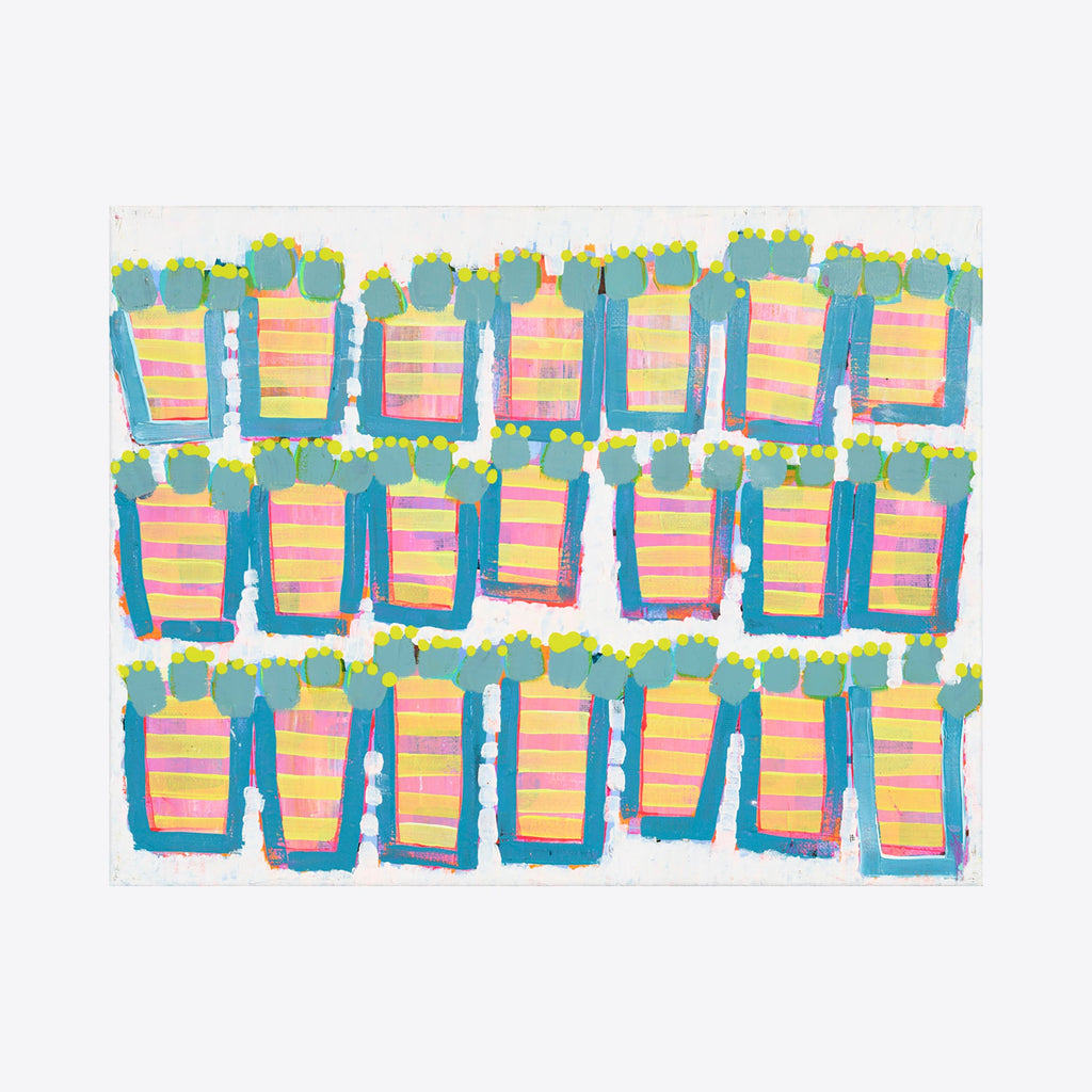 The artwork 'Fruit Striped Flora, No.6' features a repeating pattern of vertical rectangular shapes in pastel salmon pink and yellow stripes, each bordered by vibrant turquoise blue outlines and topped with mint green accents. The geometric composition creates a rhythmic, modern abstract design on white canvas by Taylor Binda.