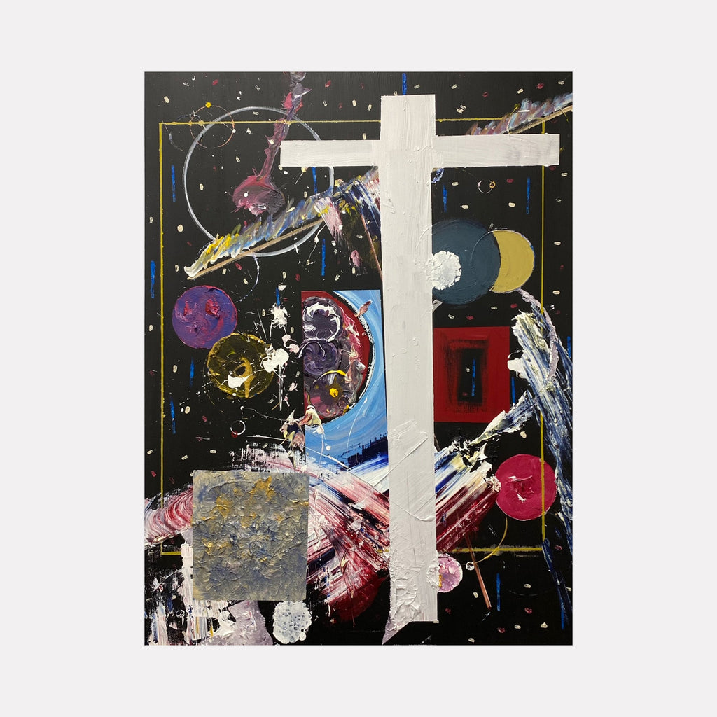 The artwork 'Galaxy Cross' by Dom Hiddo features a striking white cross against a cosmic black background, adorned with explosive splashes of pink, blue, yellow, and purple paint. Abstract celestial elements, including a crescent moon and circular forms, create a dynamic spiritual composition. Bold red accents and textured brushstrokes enhance this 48x36 acrylic and oil canvas.