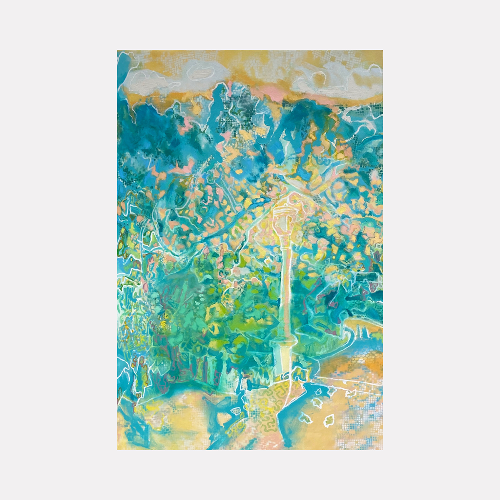 The artwork 'Garden Path Left' features vibrant layers of turquoise, yellow, and green hues swirling in abstract patterns. Dynamic brushstrokes and textural elements created with spray paint and oil create a dreamlike landscape effect. Luminous golden accents float through the ethereal composition, suggesting a mystical garden pathway. By Rebecca Darlington.