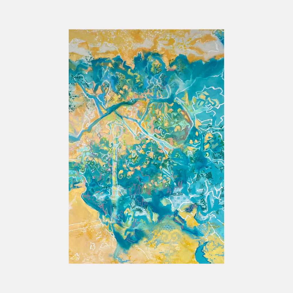 The artwork 'Garden Path Right' by Rebecca Darlington features abstract flowing patterns in vibrant turquoise and golden yellow. The composition suggests aerial landscape views with fluid, organic shapes reminiscent of winding rivers and topographical maps. Created with spray paint and oil, the piece displays dynamic textures and layered brushstrokes, measuring 60x40 inches. By Rebecca Darlington.
