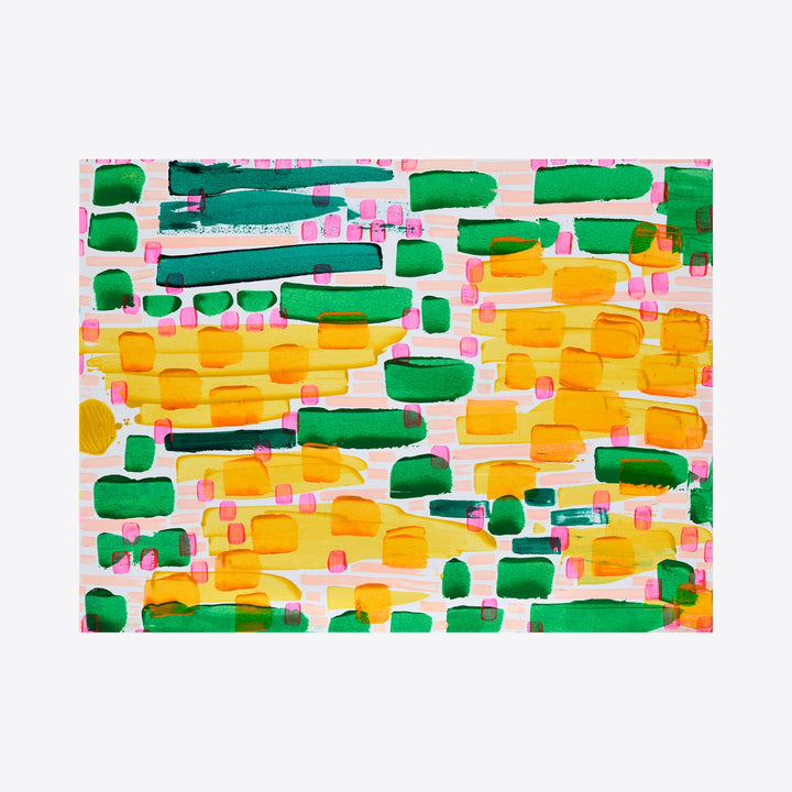 The artwork 'Garden, Plots No.2' by Taylor Binda features an abstract pattern of vibrant emerald green strokes and golden yellow blocks arranged horizontally across a soft pink background. The composition creates a rhythmic mosaic effect with layered acrylic brushstrokes suggesting organized garden rows and sunlit spaces.