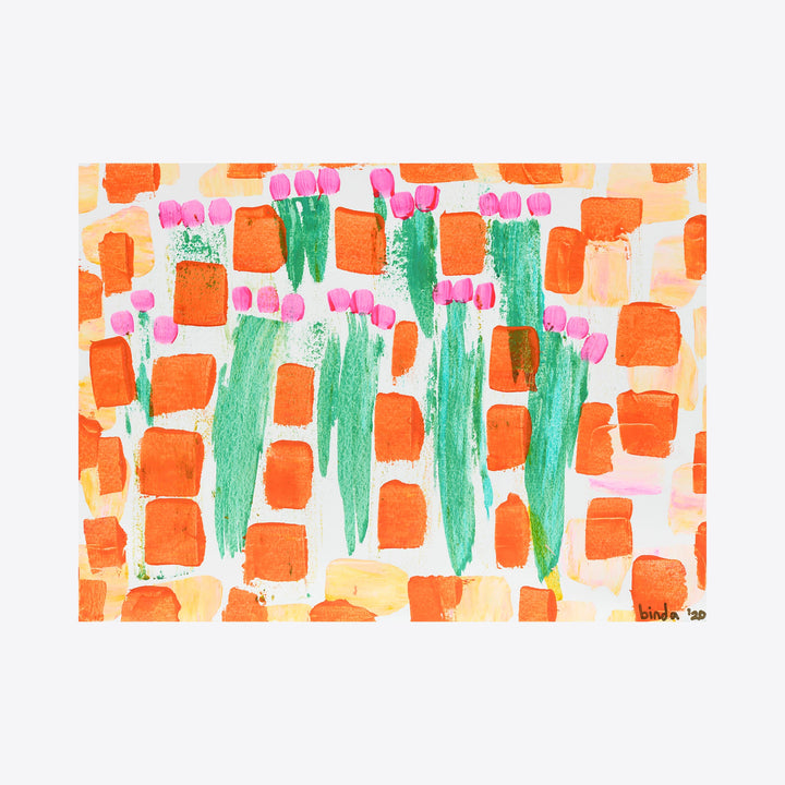The artwork 'Glowing Flora, No.1' by Taylor Binda features vibrant orange squares scattered across a light background, interspersed with vertical green brushstrokes topped with pink tulip-like forms. The acrylic painting on watercolor paper creates a modern, abstract garden pattern with a fresh, spring-inspired color palette. By Taylor Binda.