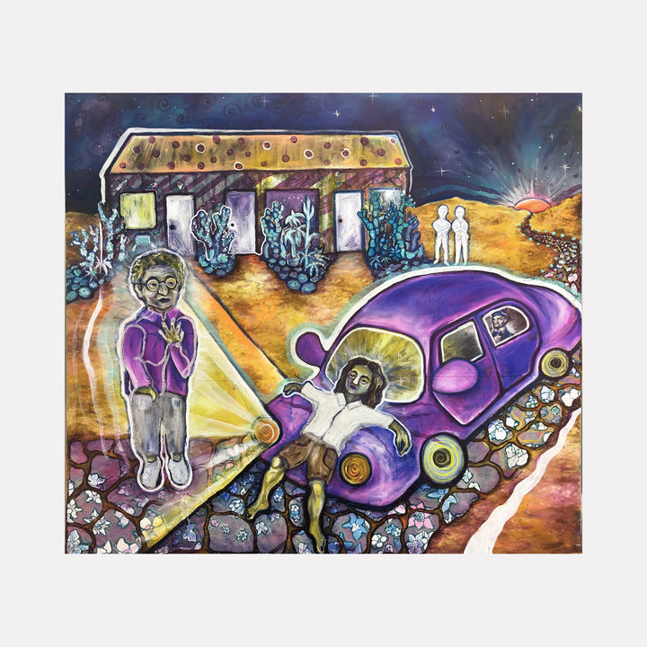 The artwork 'Guide' features a surreal scene with a purple vintage car on a rocky path, set against a cosmic night sky background. The scene includes a rustic building with blue foliage, rendered in vibrant watercolors and screen-printed elements. The composition demonstrates mixed media techniques on muslin with hand-sewn details. By Laurie Shapiro.