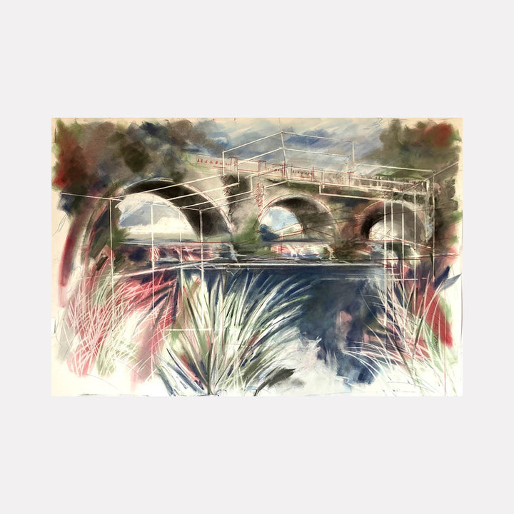 The artwork 'Hammonds at the Weir' features a dramatic stone bridge spanning across water, rendered in expressive pastel strokes. Foreground showcases delicate reeds in soft pinks and whites, while moody blues and grays dominate the water and sky. The architectural structure is captured in atmospheric detail, creating a romantic riverside scene. By Lauder Bowden.