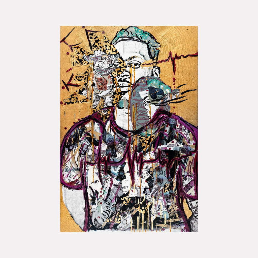 The artwork 'Heartbeat of Fatherhood' by Courtney Minor features an abstract collage composition against a golden background. Dynamic brushstrokes and fragmented elements create a fractured portrait effect in shades of purple, teal, and black. The mixed media piece incorporates text elements and gestural marks, with a distinctive red heartbeat line cutting across the canvas.