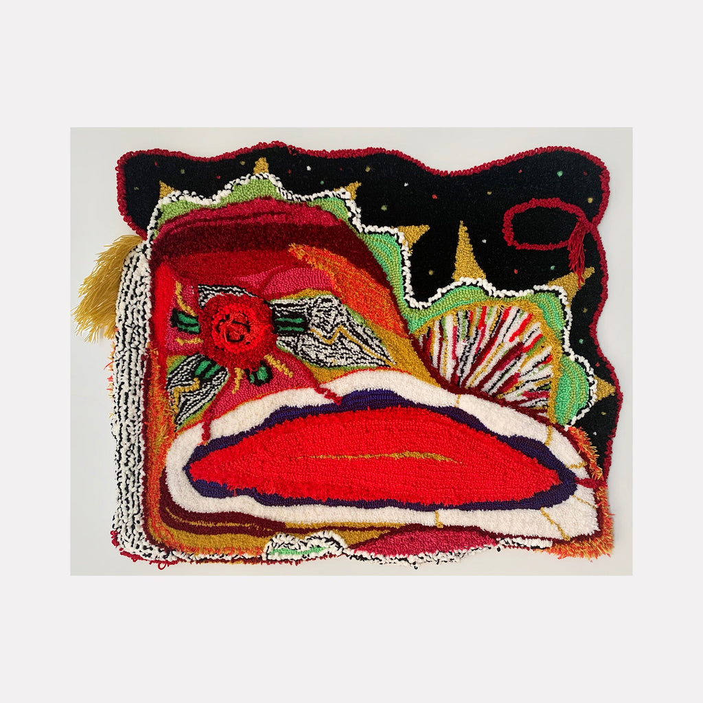 The artwork 'histerica #2' by Ana Maria Farina features vibrant textile art with bold red abstract forms against a black background. Upcycled fibers create dynamic textures with flowing lines in crimson, orange, and green hues. A central curved shape resembles lips, surrounded by floral-like elements and decorative stitching on monk's cloth, creating a dramatic composition.