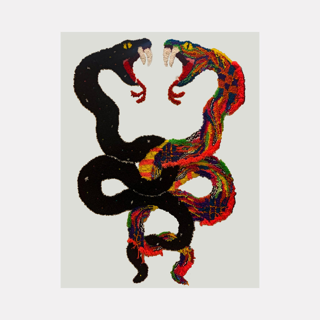 The artwork 'histerica #9, O Riso da Medusa' by Ana Maria Farina features a striking serpentine form split symmetrically, one half in solid black and the other in vibrant red, yellow, and blue patterns. Created with upcycled fibers on linen, the 47x32-inch piece shows a sinuous, mirror-image design reminiscent of intertwined snakes.