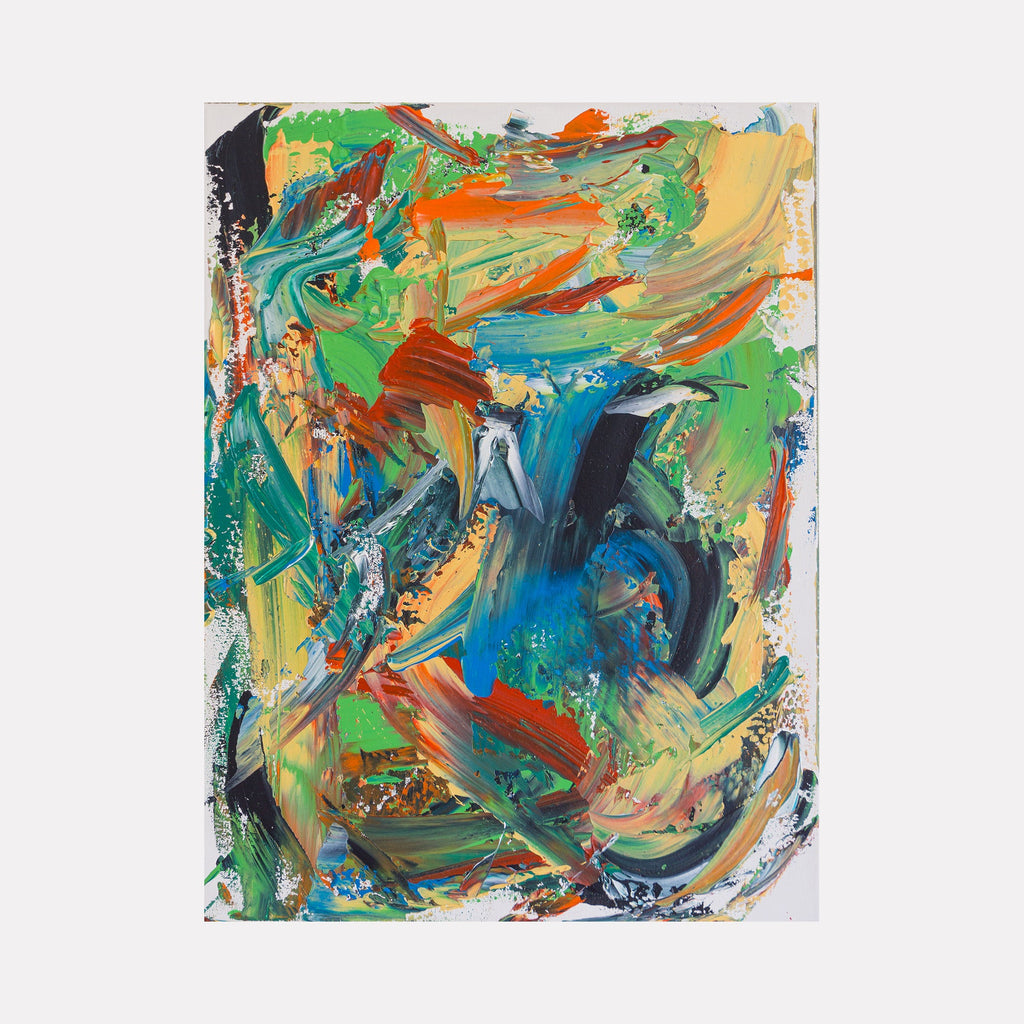 The artwork 'If I don't I'll Still Be Ok' by Cole Douglas features dynamic brushstrokes in vibrant green, orange, and turquoise blue swirling across the canvas. Abstract expressionist composition with bold, gestural marks creates a sense of movement through layered acrylic paint. Rich earthy tones blend with cool hues in an energetic 24x18 inch painting by Cole Douglas.