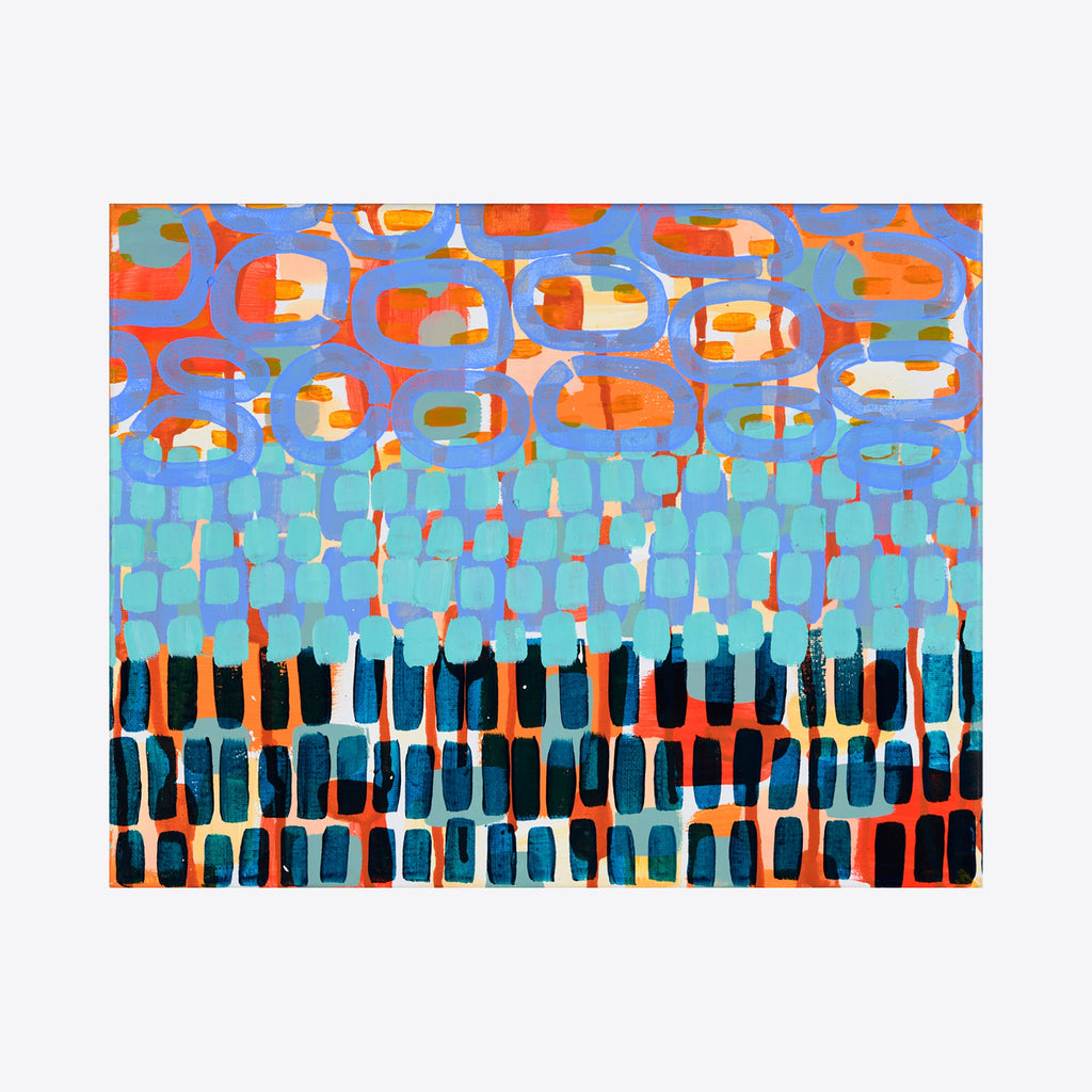 The artwork 'In the Clouds, No.5' by Taylor Binda features a vibrant abstract pattern with geometric shapes in turquoise, coral, and navy. The composition is divided into three distinct horizontal bands, with cloud-like forms at the top, a middle section of aqua rectangles, and a structured base of vertical stripes. This 11x14 inch acrylic painting creates a rhythmic, mosaic-like effect by Taylor Binda.