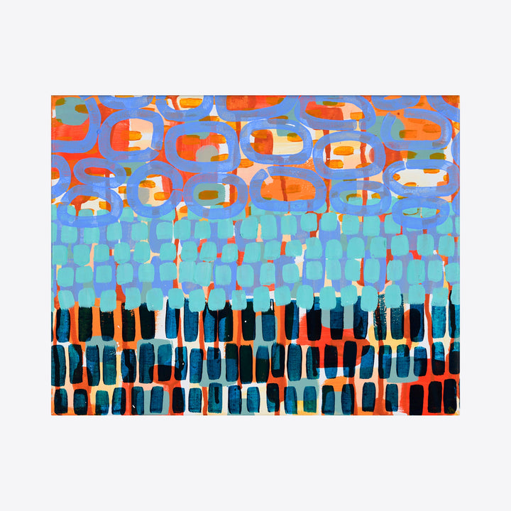 The artwork 'In the Clouds, No.5' by Taylor Binda features a vibrant abstract pattern with geometric shapes in turquoise, coral, and navy. The composition is divided into three distinct horizontal bands, with cloud-like forms at the top, a middle section of aqua rectangles, and a structured base of vertical stripes. This 11x14 inch acrylic painting creates a rhythmic, mosaic-like effect by Taylor Binda.