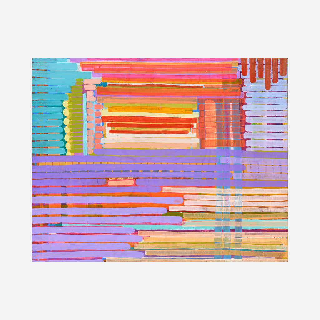 The artwork 'it's layered (bingin)' by Taylor Binda features vibrant horizontal and vertical stripes in pastel colors, including coral pink, lavender purple, turquoise blue, and soft yellow. Abstract geometric patterns create a layered effect, with overlapping brushstrokes and linear elements arranged in a modernist grid-like composition, acrylic on canvas by Taylor Binda.