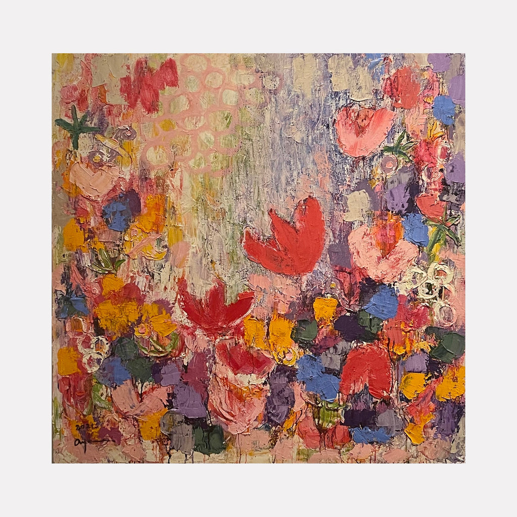 The artwork 'La Vie En Rose' by Ayane Kurai features vibrant floral impressionism with bold red tulips and mixed wildflowers in coral, blue, and marigold tones. Textured oil paint creates depth against a soft grey-pink background, with impasto technique adding dimensional layers to the 48x48 canvas.