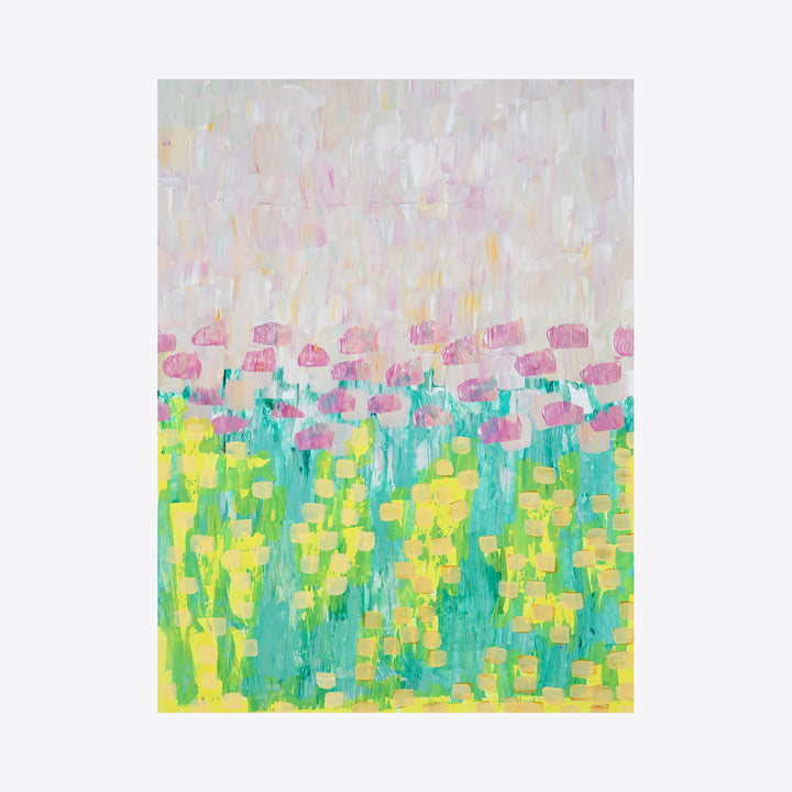 The artwork 'La vie en rose, no.2 (ode to claude)' by Taylor Binda features an abstract impressionist composition with vibrant yellow and turquoise brushstrokes creating a meadow-like base, topped with delicate pink accents against a misty gray sky. Acrylic paint on watercolor paper creates a textured, layered effect reminiscent of Monet's style. By Taylor Binda.
