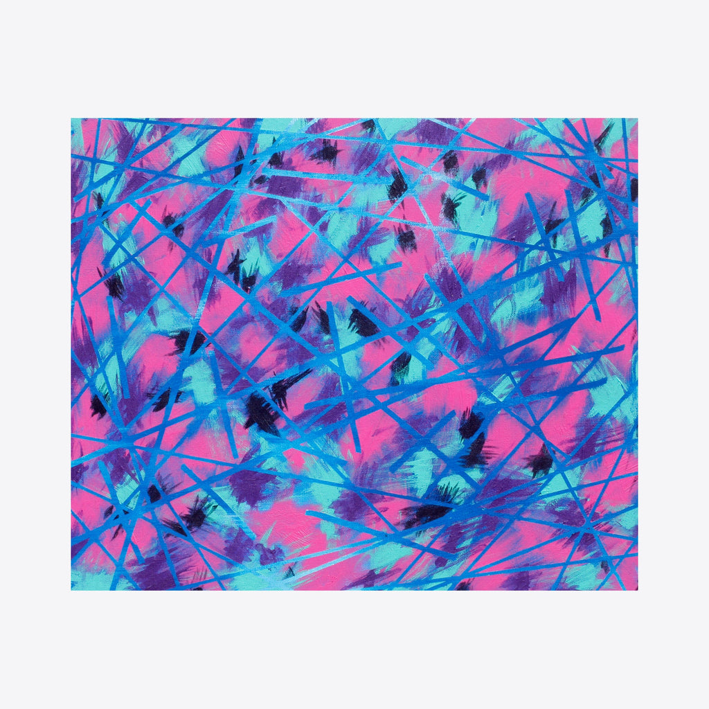 The artwork 'Laser Party' by Aaron Hillebrand features vibrant intersecting lines in electric blue crisscrossing over a hot pink background. Abstract brushstrokes in turquoise and deep purple create dynamic movement, while splattered textures and gestural marks evoke an energetic, dance-like quality. Acrylic on canvas, 20x24 inches. By Aaron Hillebrand.