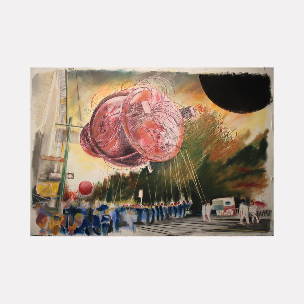 The artwork 'Little Boy' by Lauder Bowden features a large rose-colored balloon floating against a dramatic sunset sky. Below, blue-clad figures line a street, creating a striking contrast with the vibrant orange and yellow horizon. Dark shadows and gestural pastel strokes add emotional depth to this 30x44 inch composition on stonehinge paper.