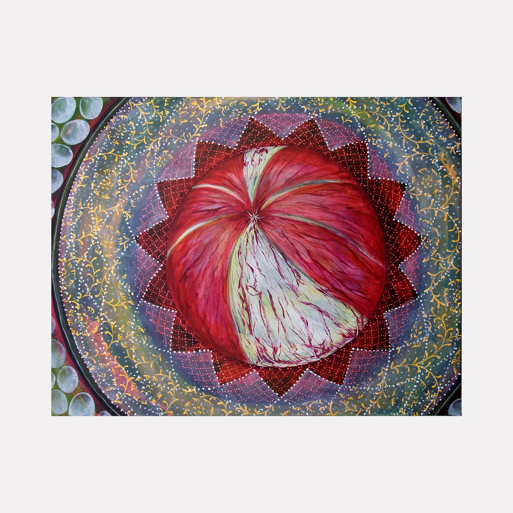 The artwork 'Lust/Caution' by Amy Cheng features a vibrant mandala-like circular composition with a red and white sphere at its center, surrounded by a geometric lotus pattern in deep burgundy. The background showcases intricate dotted patterns in turquoise and gold, with translucent orbs framing the edges. Oil on canvas, 28x36 inches. By Amy Cheng.