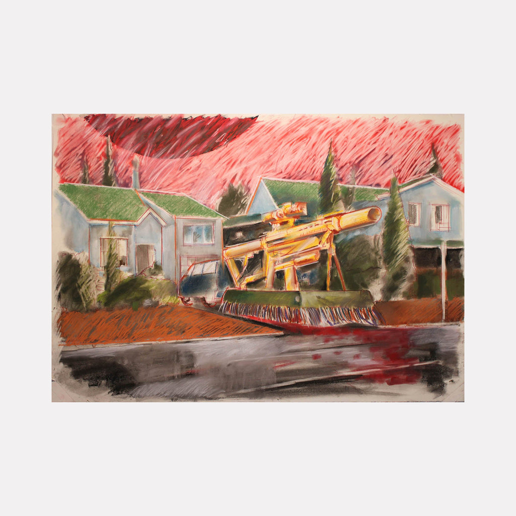 The artwork 'Machine Gun on Float' by Lauder Bowden depicts a vibrant pastel scene featuring suburban houses with a large golden weapon mounted on a parade float. The composition shows mint-colored homes against a dramatic coral-pink sky, with dark cypress trees dotting the landscape. The float appears in rich amber tones, creating striking contrast against the moody foreground executed in pastel on stonehinge paper.