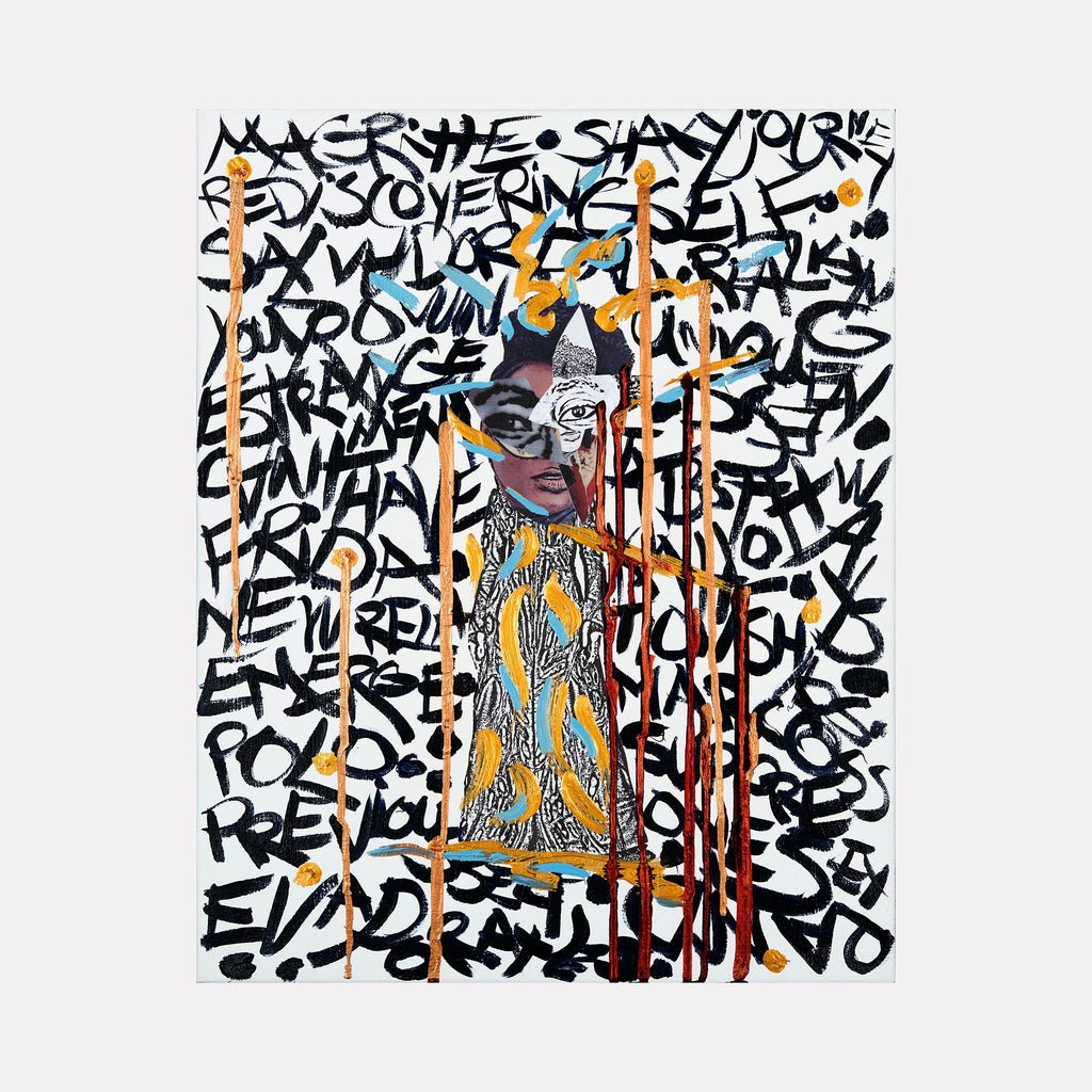 The artwork 'Magritte' combines urban graffiti-style text with a central figure wearing a patterned yellow dress, set against a chaotic background of black letters. Orange vertical lines intersect the composition, creating depth and movement. The mixed media collage on canvas features contrasting elements of structure and spontaneity. By Courtney Minor.