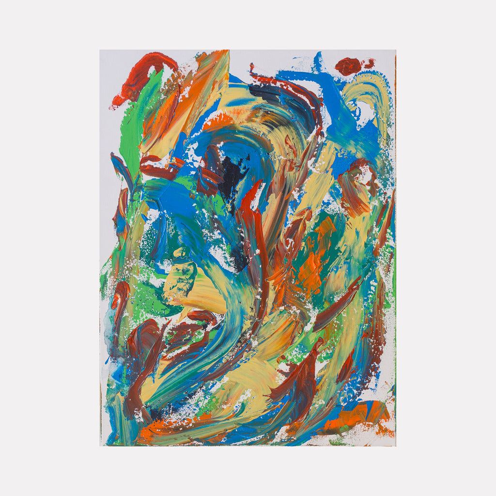 The artwork 'Maybe I'll See You Again' by Cole Douglas features dynamic brushstrokes in vibrant blues, greens, and orange tones creating an abstract expressionist composition. Bold swirling patterns and textured acrylic paint strokes dance across the 24x18 inch canvas, suggesting movement and emotional energy through contrasting warm and cool colors.