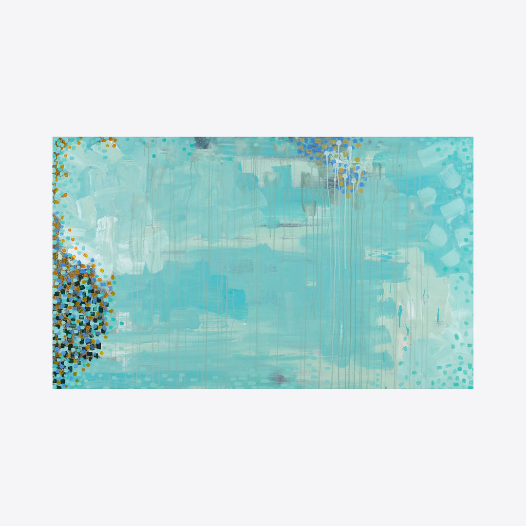 The artwork 'Melting Into Yew' by Taylor Binda features a serene aqua blue background with cascading metallic gold dots clustered at the edges. The abstract composition shows layered brushstrokes of turquoise and white creating a dreamy, ethereal effect on upcycled canvas. Dripping paint technique adds vertical movement, while scattered gold elements provide dimensional contrast. By Taylor Binda.