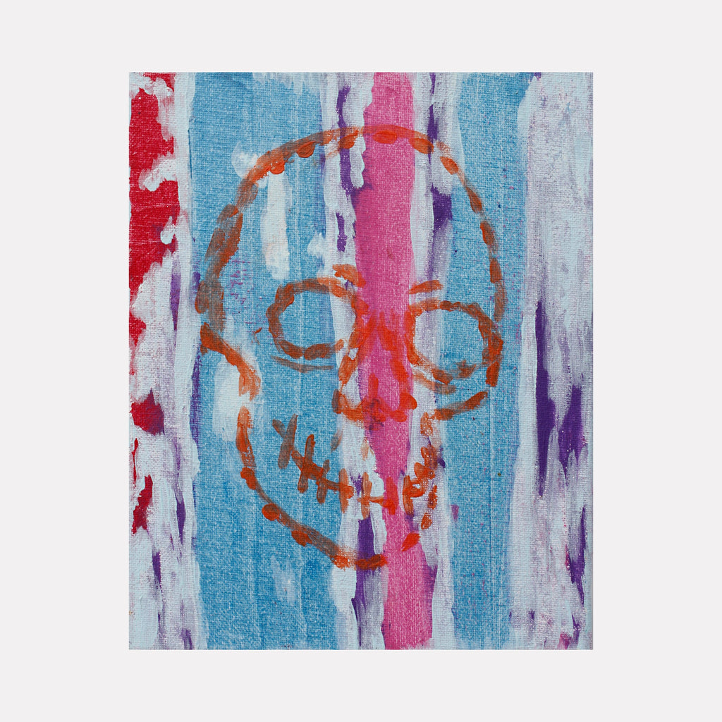 The artwork 'Memento Mori' by Aaron Hillebrand features a stylized rust-colored skull outline against a vibrant background of vertical stripes in blue, pink, and purple. The skull, painted in loose brushstrokes, appears ethereal against the watercolor-like dripping effects. The 10x8 inch acrylic painting combines contemporary street art aesthetics with traditional vanitas symbolism.