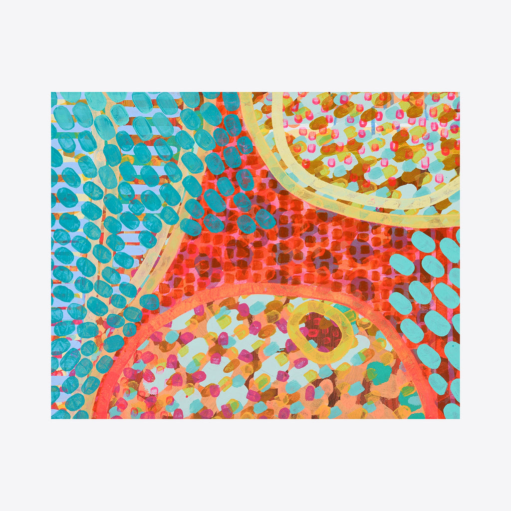 The artwork 'Mermaid Cafe, No.1' by Taylor Binda features vibrant mosaic-like patterns with turquoise circular shapes against a coral background. Abstract curved forms suggest underwater movement, while yellow-gold arcs create dynamic focal points. The acrylic painting on canvas combines warm and cool tones in a modern pointillist style, evoking an aquatic atmosphere. Taylor Binda.