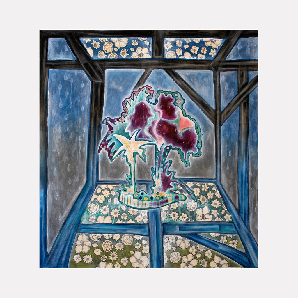 The artwork 'MOCA Courtyard' by Laurie Shapiro features an abstract floral composition with deep burgundy and turquoise hues viewed through a geometric window frame. White circular patterns adorn the borders, while a central stylized plant form creates a dramatic silhouette against a moody blue-grey background. Screen printed details and hand-sewn elements on muslin add dimensional texture.