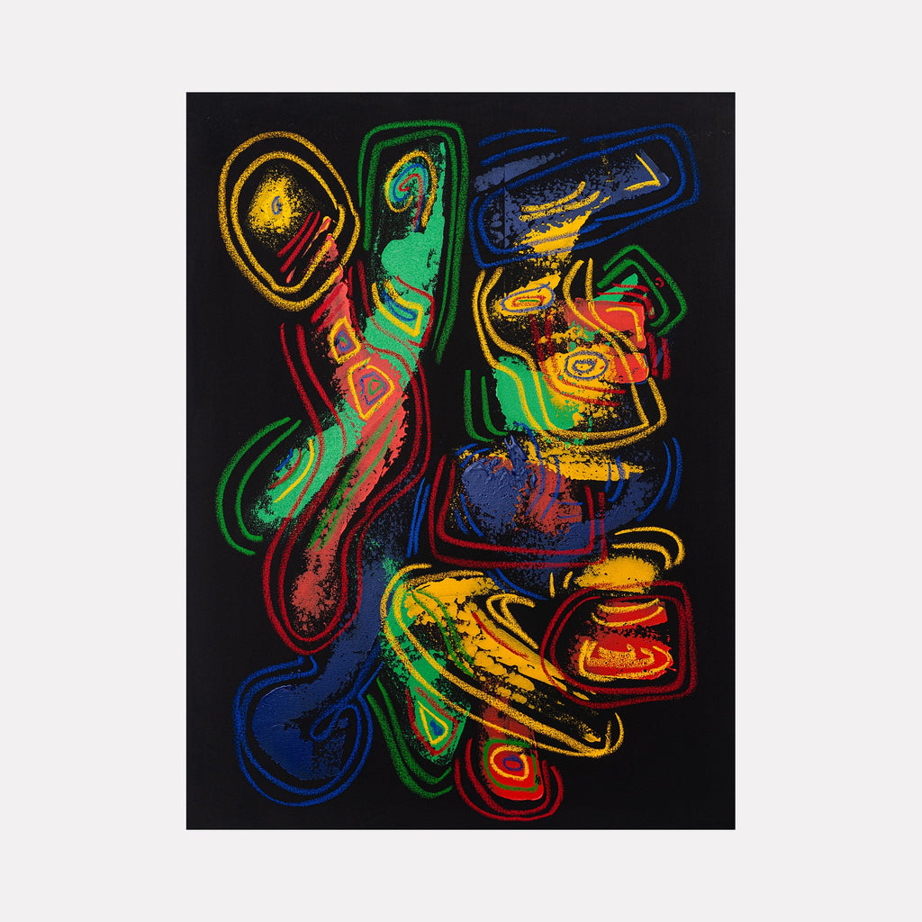 The artwork 'More Food - Less Food' by Cole Douglas features vibrant abstract swirls on a black background, combining bold primary colors of red, blue, yellow, and green in fluid, organic shapes. The acrylic and oil painting showcases dynamic brushstrokes creating spiral-like patterns, reminiscent of energetic movement and flowing forms. Created by Cole Douglas.
