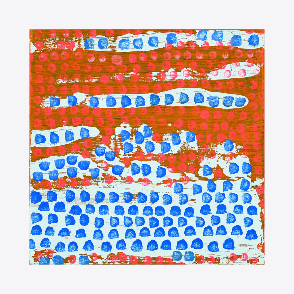 The artwork 'Moving Right Along' features a vibrant abstract pattern with rows of blue dots cascading across a warm orange-red background. The dots create a wave-like movement, suggesting flow and rhythm across the 10x10 inch acrylic painting on wood panel. The contrasting colors and repetitive dot pattern create a dynamic, modernist composition by Taylor Binda.