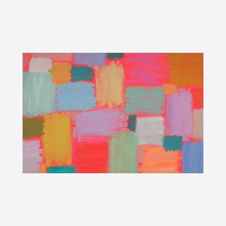 The artwork 'Neon Quilt, No.1' by Taylor Binda features a vibrant abstract composition of rectangular brushstrokes in pastel and neon hues. The patchwork-like arrangement includes coral pink, mint green, powder blue, and golden orange blocks, creating a modern quilted effect on canvas. Bold brushwork and layered acrylic paint add dynamic texture and movement.