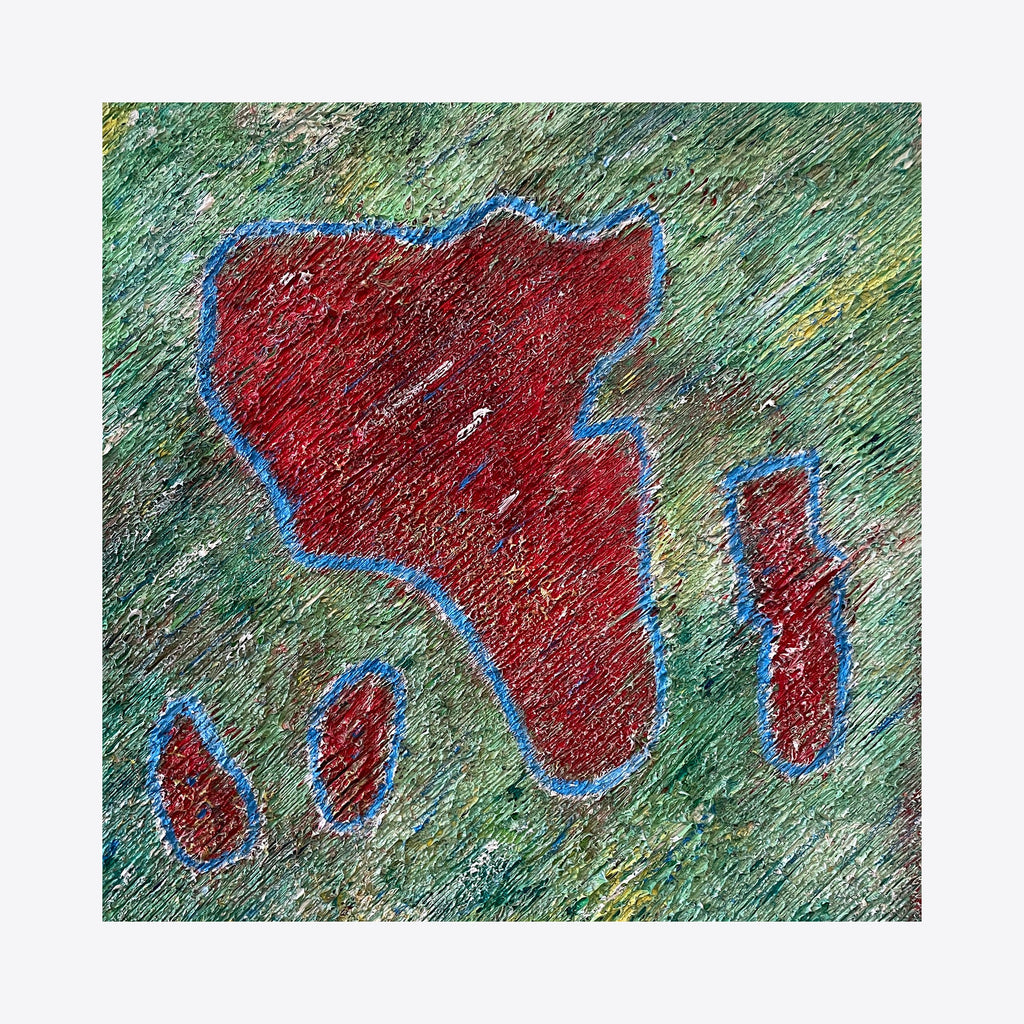 The artwork 'Number 21' by Roberto A Godinez features an abstract representation of a continent-like shape in deep crimson red, outlined in vivid blue, set against a textured green background. The oil painting showcases dynamic brushstrokes creating a distinctive weathered effect across the 12x12 inch canvas.