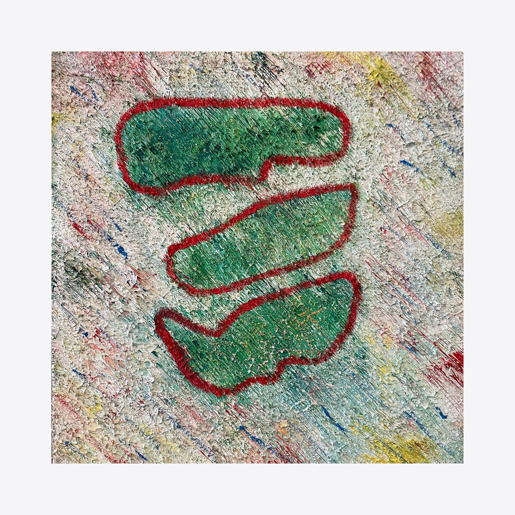 The artwork 'Number 22' by Roberto A Godinez features three segmented green shapes with bold red outlines, arranged in a winding pattern against a textured, multi-colored background with flecks of pink, yellow, and blue. The abstract composition on oil canvas creates a dynamic visual rhythm through curved organic forms.