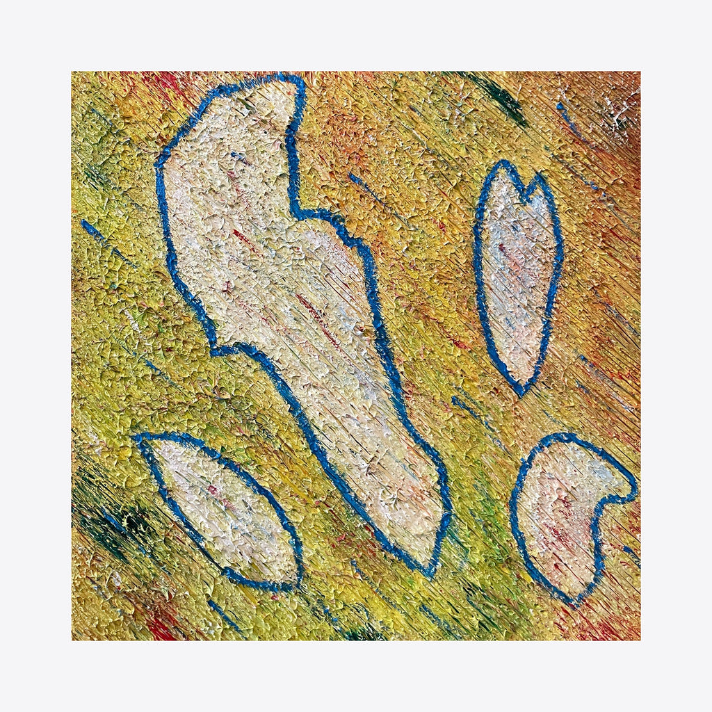 The artwork 'Number 23' by Roberto A Godinez features abstract white organic shapes outlined in vibrant blue against a textured golden-yellow background. The oil painting showcases four irregular forms with rough, painterly textures and subtle red accents scattered throughout the 12x12 inch canvas, creating a dynamic contemporary composition.