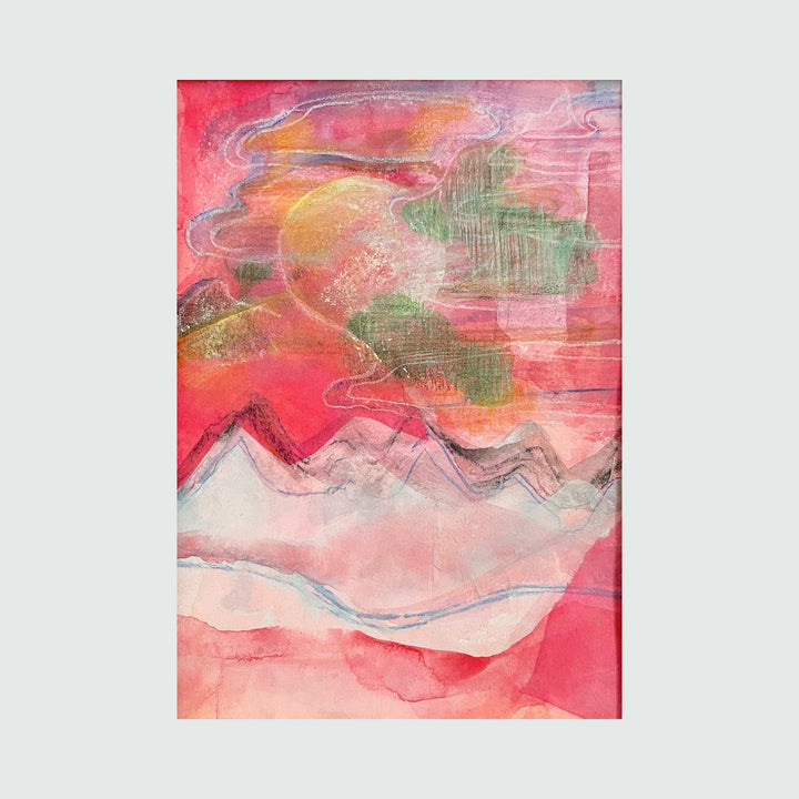 The artwork 'Peach' by Jane Lawrence features a vibrant watercolor and ink collage depicting abstract mountain silhouettes in soft pink and white, set against a dramatic coral sky with swirling green and golden clouds. The composition blends fluid brushstrokes and ethereal textures in a dreamlike landscape measuring 7x5 inches.