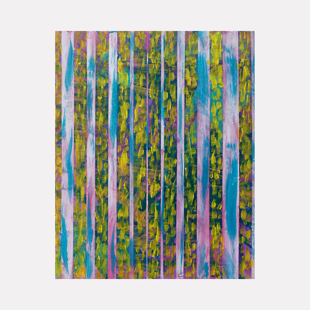 The artwork 'Pink Blue White and Yellow Stripes' by Aaron Hillebrand features vertical brushstrokes in vibrant turquoise, pink, and white against a textured yellow-green background. The acrylic painting showcases a rhythmic pattern of dripping lines creating a dynamic forest-like composition, measuring 10 by 8 inches.