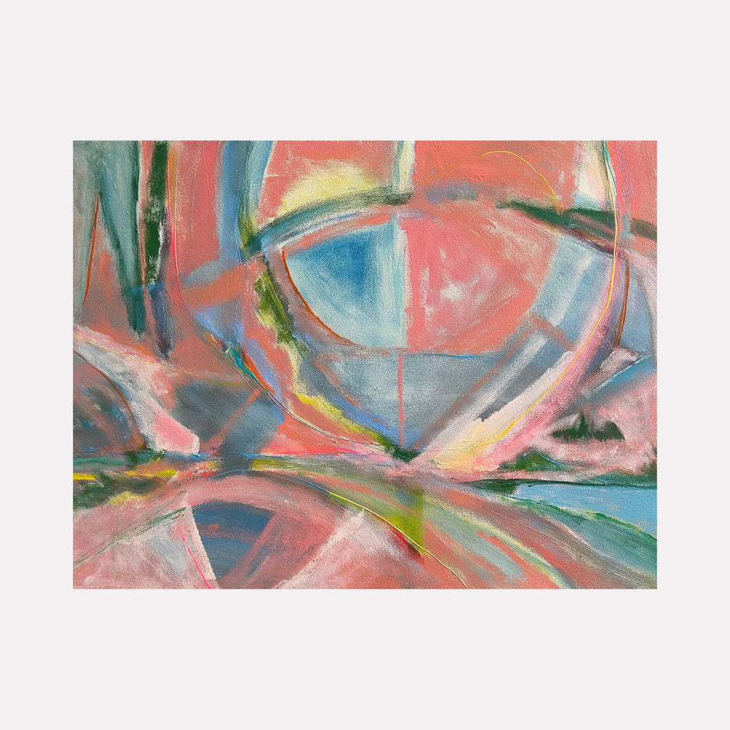 The artwork 'Pink Prism' by Beth Barry features dynamic abstract brushstrokes in coral pink and turquoise blue, creating geometric intersections and curved forms. Bold acrylic strokes blend seamlessly on canvas, with subtle hints of sage green and yellow adding depth. The composition suggests movement through prismatic shapes and translucent layers.