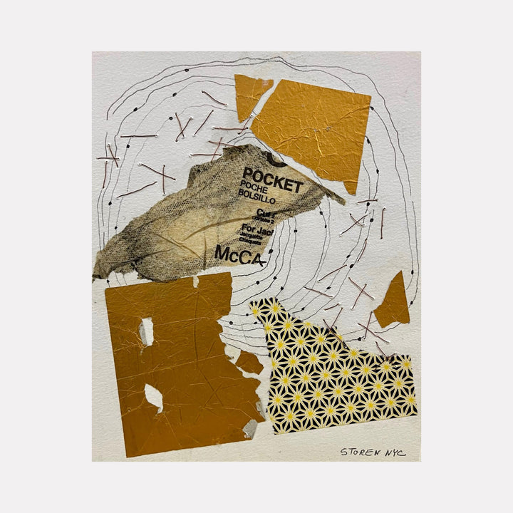 The artwork 'Pocket Moon' by Shira Toren features a mixed media collage on paper with angular golden-ochre geometric shapes, torn paper elements, and delicate black line work. A central textured form displays fragmentary text, while a geometric pattern with star-like motifs adds visual interest. The composition balances abstract elements against a light background. By Shira Toren.