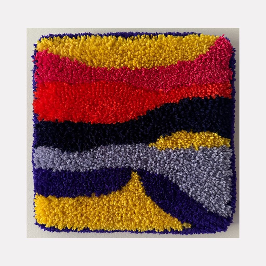 The artwork 'Por do sol sobre o rio Hudson' by Ana Maria Farina features abstract waves of vibrant colors depicting a sunset landscape. Textured upcycled fibers on linen create bold sweeping curves in yellow, red, navy blue, and silver, evoking the reflection of sunlight on water. The 9x9 inch piece showcases a contemporary interpretation of the Hudson River at dusk.