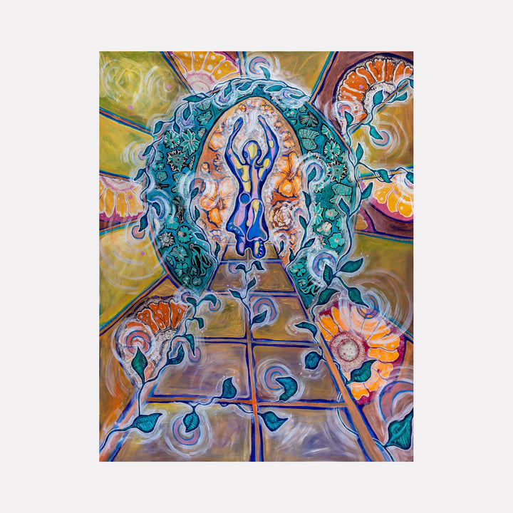 The artwork 'Power Moves' by Laurie Shapiro features a central mandala-like design with a blue silhouetted figure in a meditative pose, surrounded by swirling turquoise and orange patterns. Radiating lines extend outward against a golden-yellow background, creating a spiritual, psychedelic effect. Screen printed drawings and hand-sewn details on muslin create rich textures.