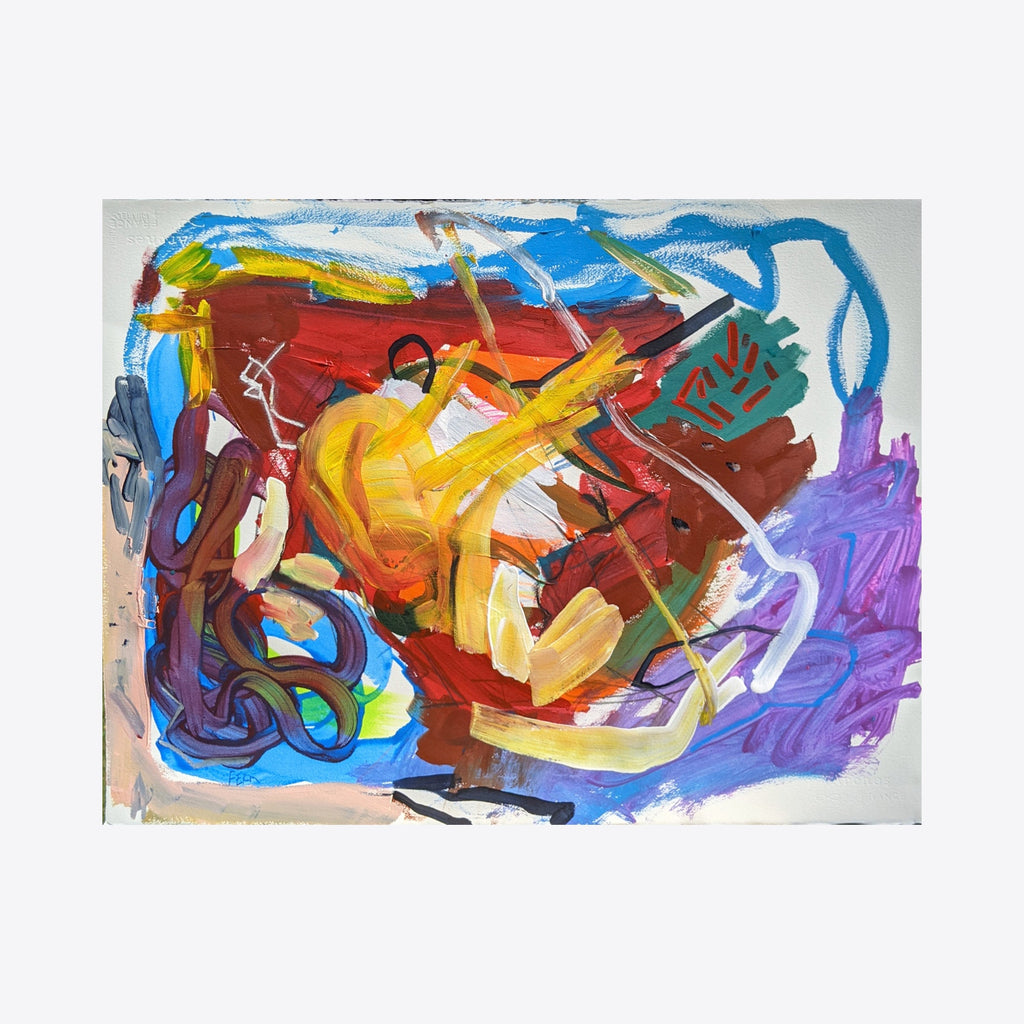 The artwork 'Purple' by Joseph Conrad Ferm features dynamic brushstrokes in vibrant colors, including bold yellows, deep reds, bright blues, and rich purple hues. Abstract expressionist composition with sweeping gestural marks creates a sense of movement across the watercolor paper. Mixed medium techniques showcase energetic paint application and textural elements, measuring 22.5 x 30 inches.