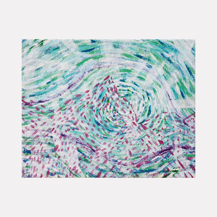 The artwork 'Purple Mountain' by Aaron Hillebrand features swirling brushstrokes of turquoise, mint green, and purple creating a dynamic mountain landscape. Abstract expressionist style with energetic circular patterns radiates from the center, blending cool tones with scattered magenta accents. Acrylic on canvas, textured impasto technique gives depth and movement.