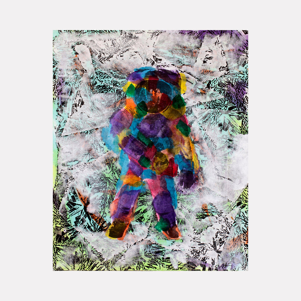 The artwork 'Rainbow Moonman' by Aaron Hillebrand features a vibrant astronaut silhouette composed of kaleidoscopic colors including purple, blue, red, and yellow against a textured white and mint green background. The mixed media piece creates a dynamic contrast between the psychedelic figure and the ethereal, frost-like environment.